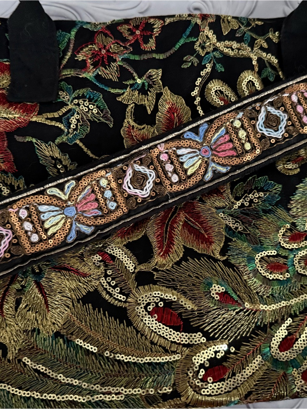 Embroidered Black Floral Tote with Gold Sequin Accents